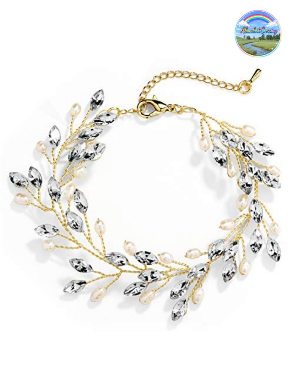 Mariell Bridal Wedding Bracelet Crystal Freshwater Pearl Gold Tone 7-8.5"